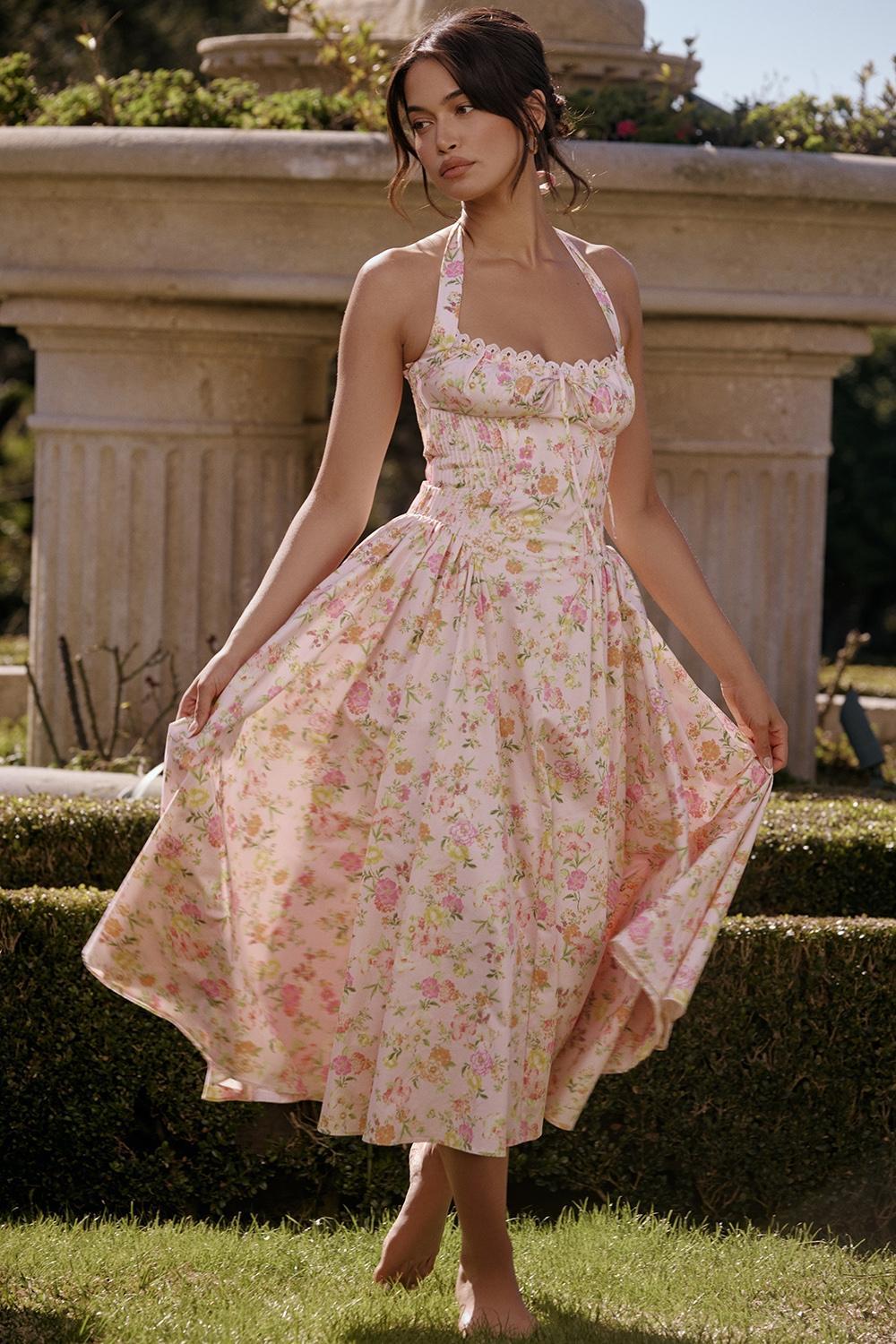 Adabella Pink Meadow Print Cotton Halter Midi Sundress Product Image