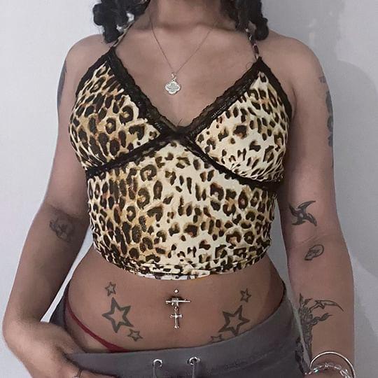 Leopard Print Lace Trim Cropped Cami Top Product Image