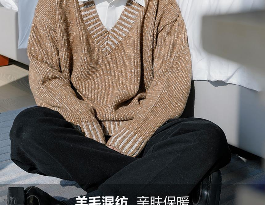 Long-Sleeve V-Neck Melange Sweater Product Image