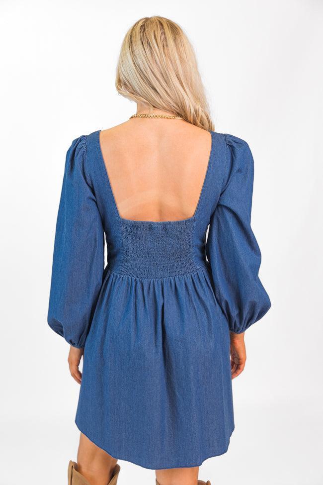 Up To Me Medium Wash Lace Up Detail Chambray Dress FINAL SALE Product Image