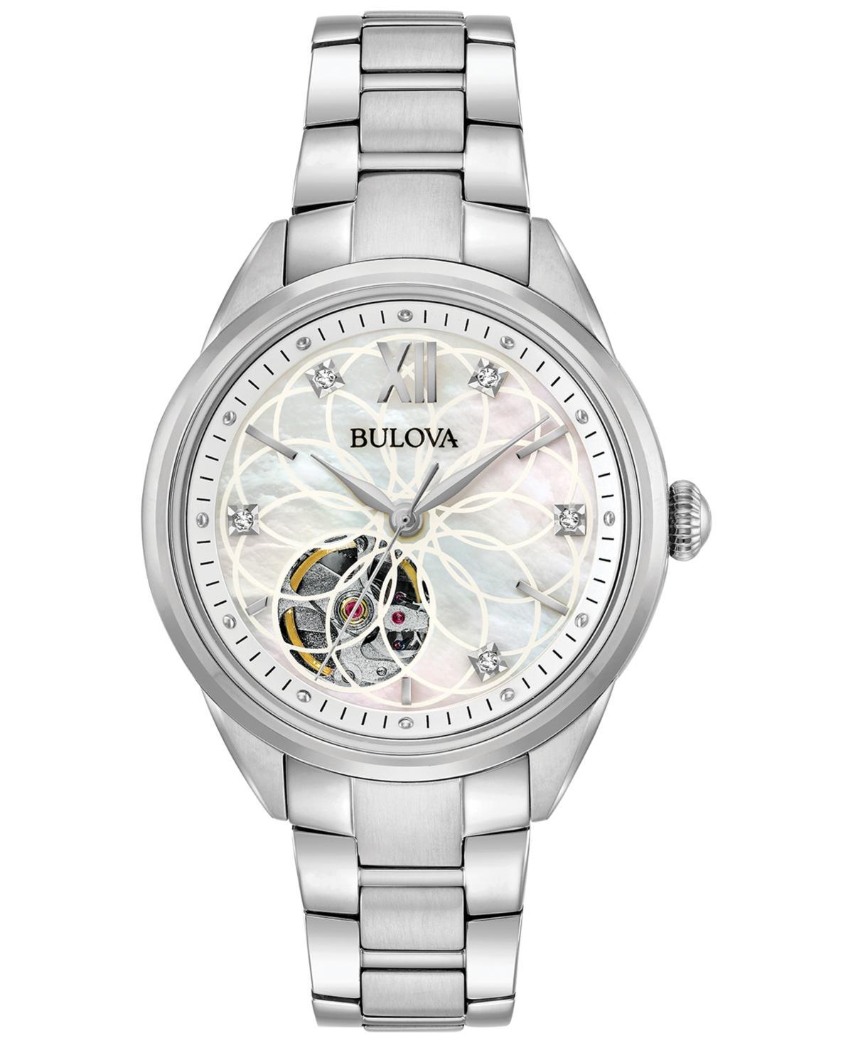 Bulova Womens Automatic Diamond Accent Stainless Steel Bracelet Watch 34mm 96P181 Product Image