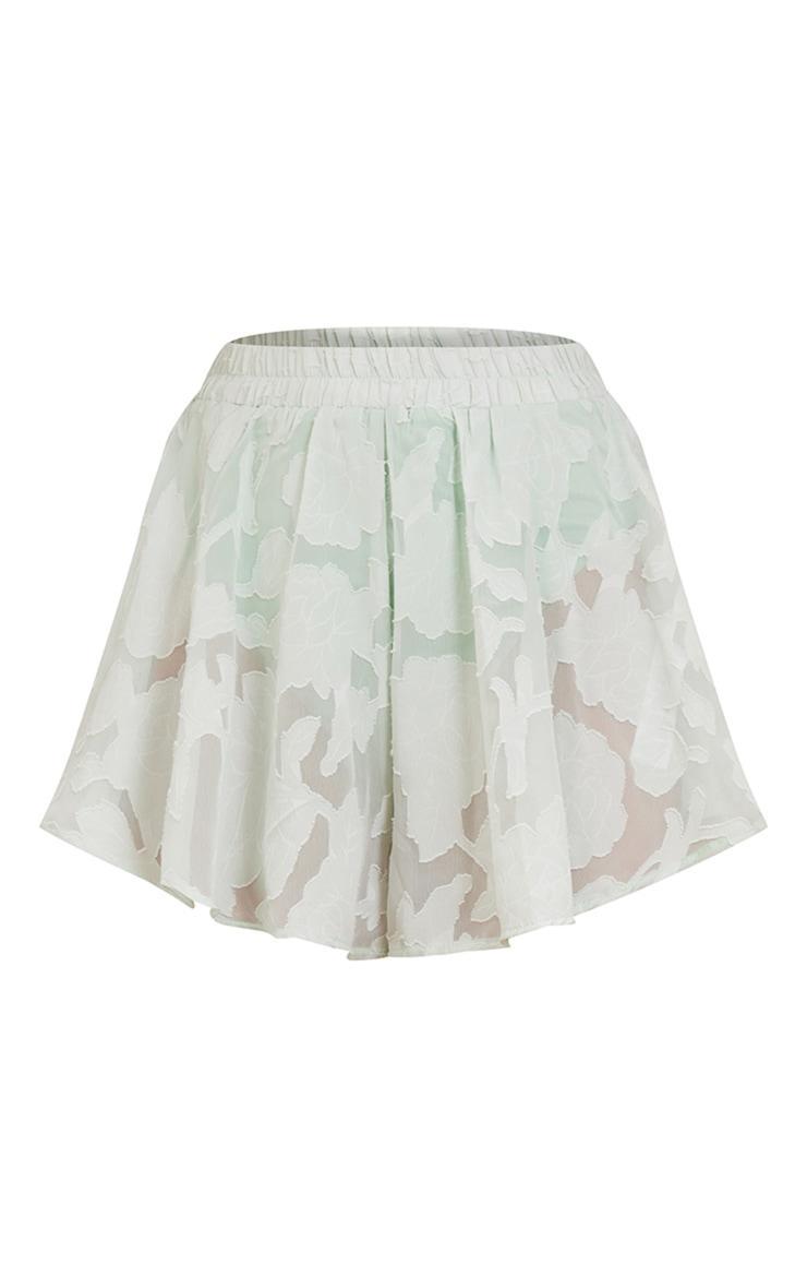 Sage Green Sheer Floral Textured Floaty Shorts Product Image