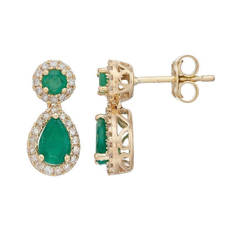 Gemminded 10k Gold Emerald & 1/4 Carat T.W. Diamond Teardrop Earrings, Womens, Green Product Image