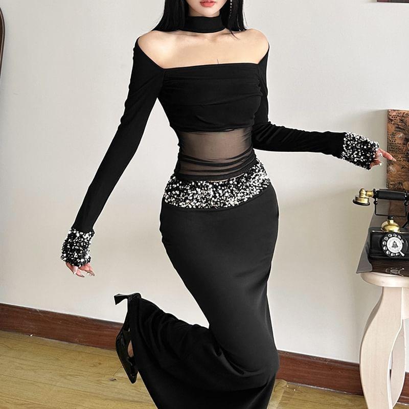 Long-Sleeve Mesh Crop Top / High Rise Glitter Maxi Fishtail Skirt Product Image