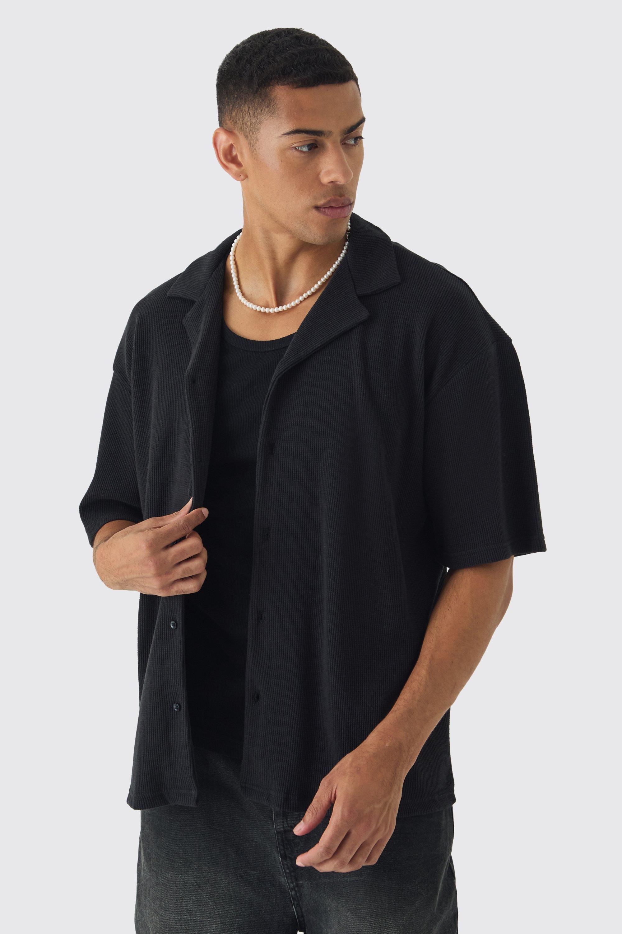 Mens Black Oversized Revere Waffle Shirt, Black Product Image