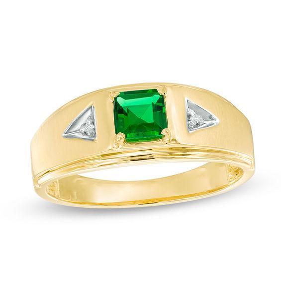 Men's 5.0mm Square Lab-Created Emerald and Diamond Accent Ring in 10K Gold Product Image