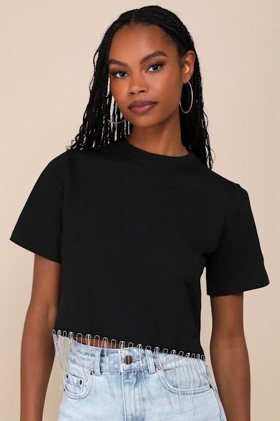 Let's Party Black Rhinestone Fringe Cropped Tee Product Image