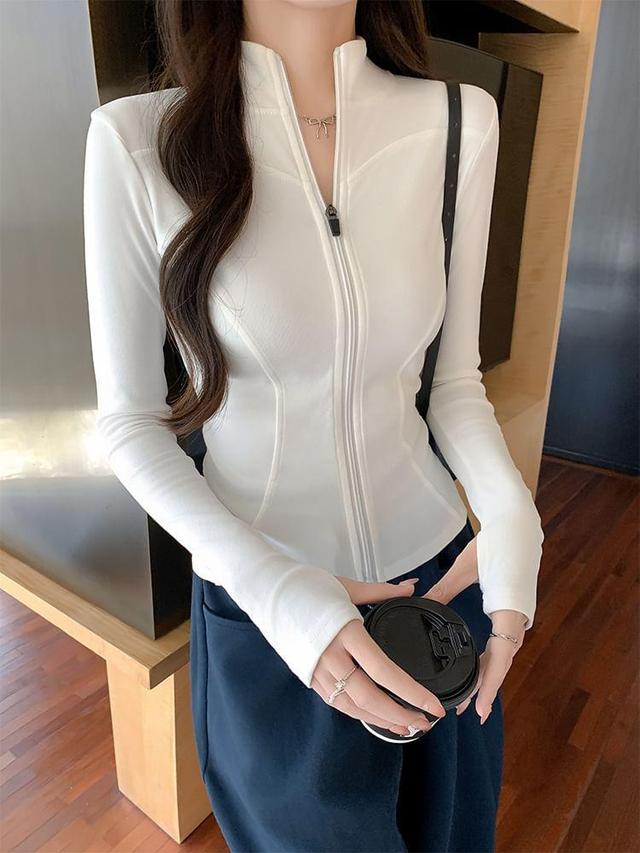 Stand Collar Plain Zip-Up Crop Jacket Product Image