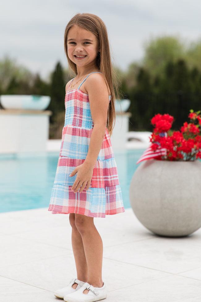 Kid's Tea With You Red and Light Blue Plaid Gauze Dress Product Image