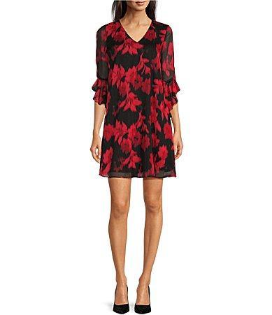 Calvin Klein 34 Sleeve V-Neck Floral Metallic Chiffon Dress Product Image