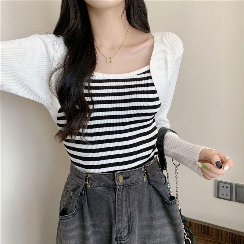 Square Neck Striped Panel Cropped Sweater Product Image