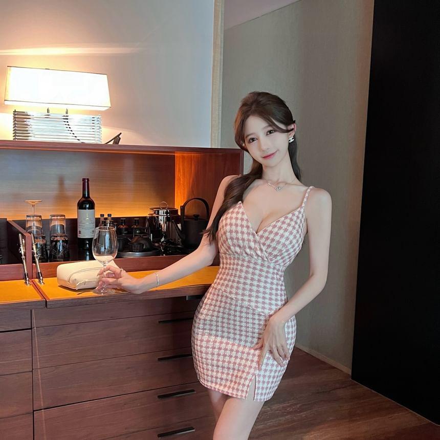 Spaghetti Strap V-Neck Houndstooth Open Back Slit Mini Bodycon Dress Product Image