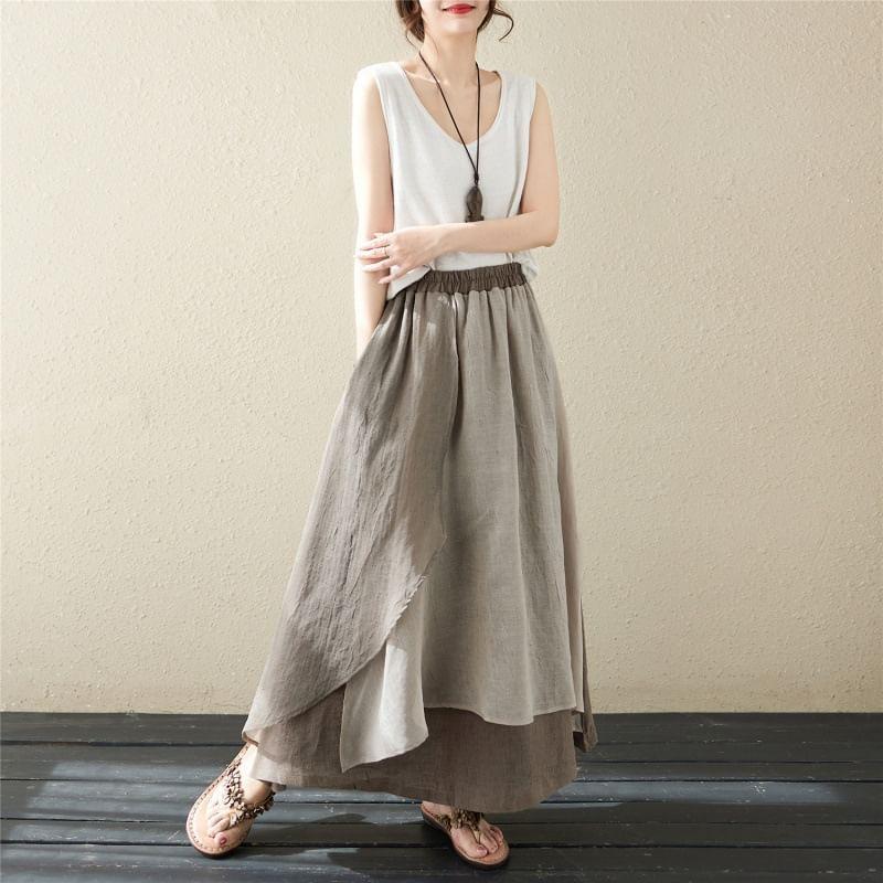 High Rise Two Tone Asymmetrical Maxi A-Line Skirt Product Image