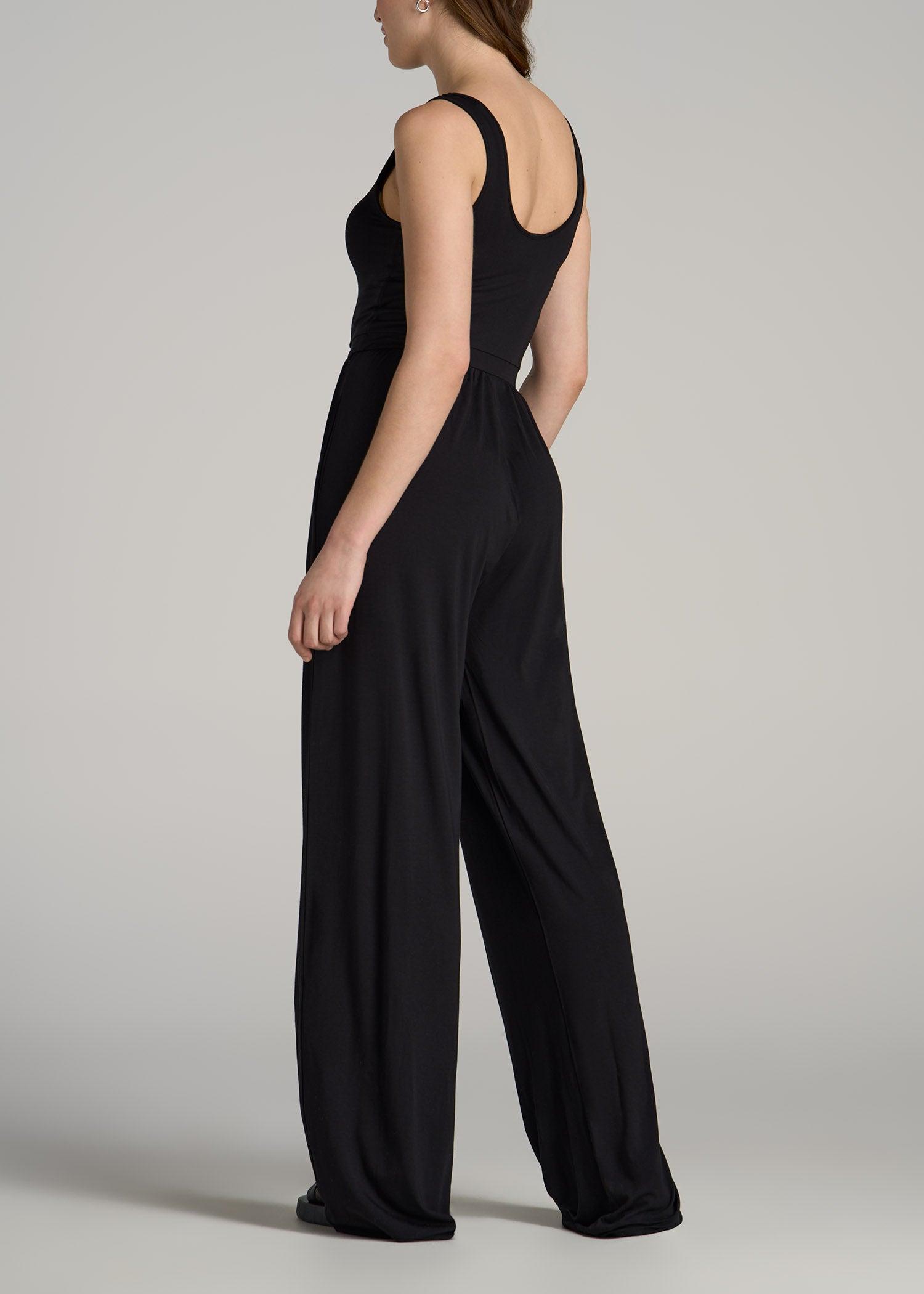 Jersey Tank Wide Leg Tall Women's Jumpsuit with Pockets in Black Female Product Image