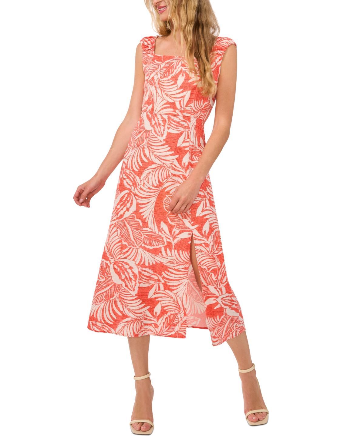 Women's Tropical-Print Ruched-Strap Side-Slit Square-Neck Linen Midi Dress Product Image