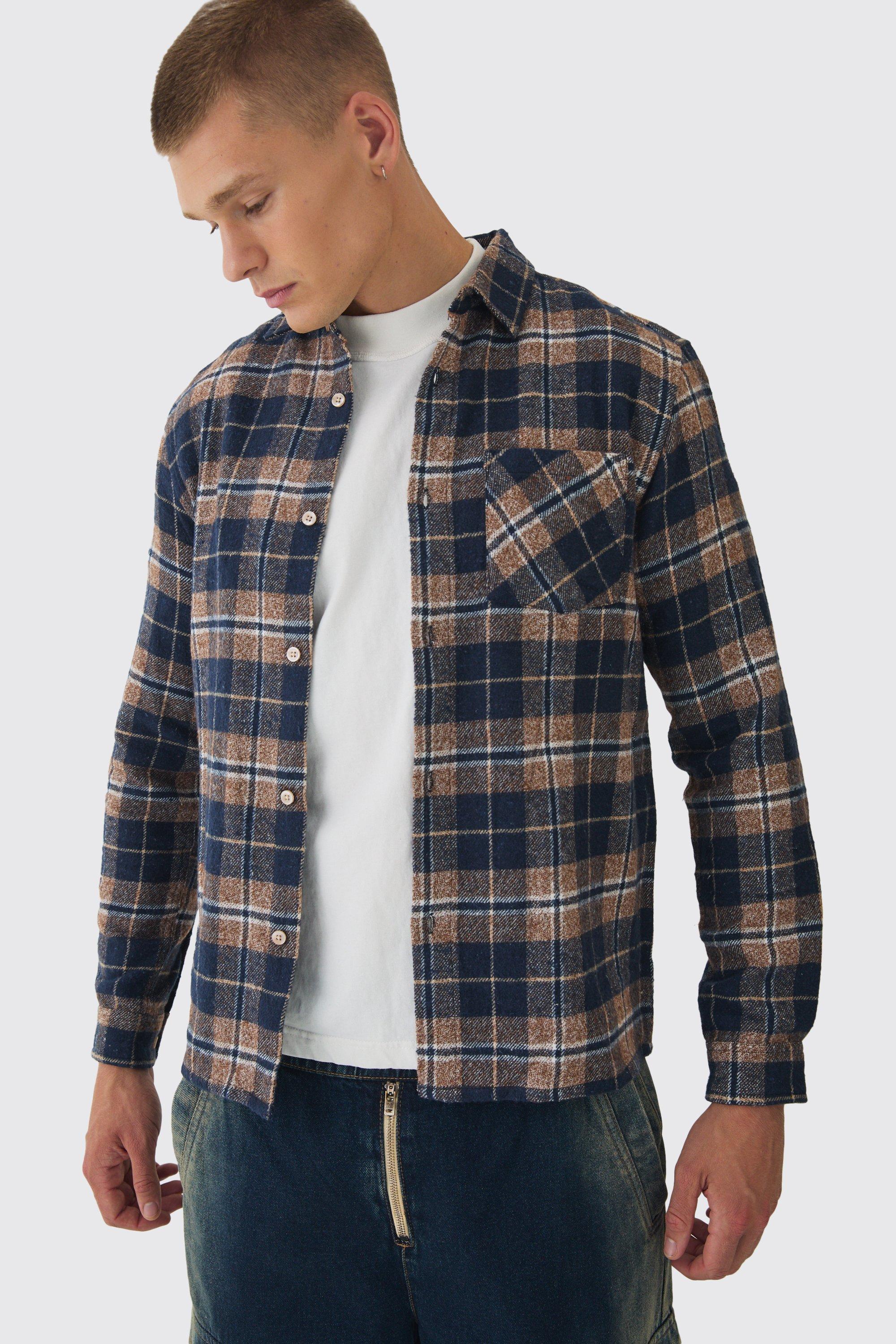 Mens Brown Regular Check Long Sleeve Shirt, Brown Product Image