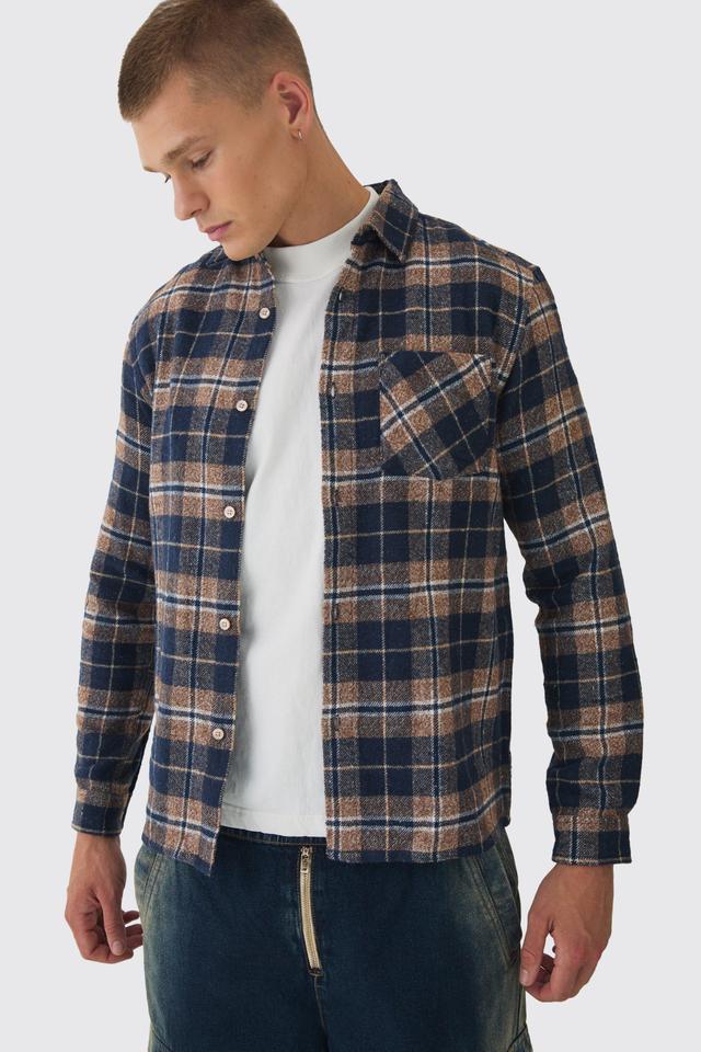 Mens Brown Regular Check Long Sleeve Shirt, Brown Product Image