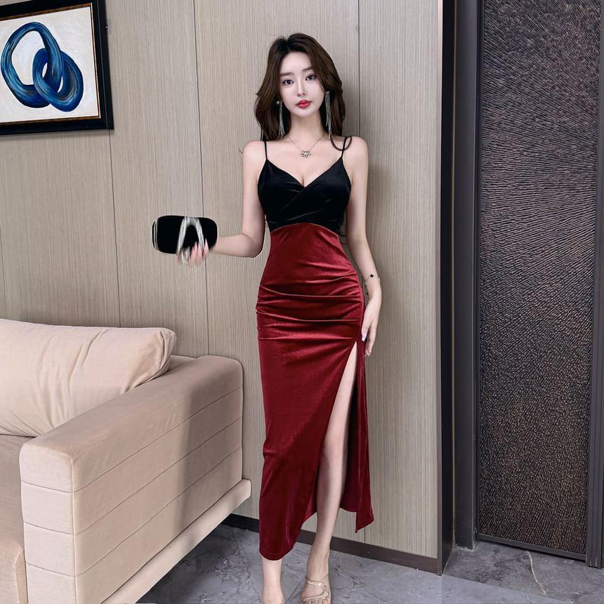 Spaghetti Strap V-Neck Two Tone Slit Bodycon Midi Dress Product Image