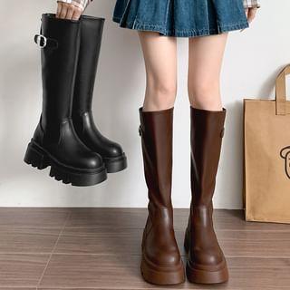 Faux Leather Buckled Platform Tall Boots Product Image