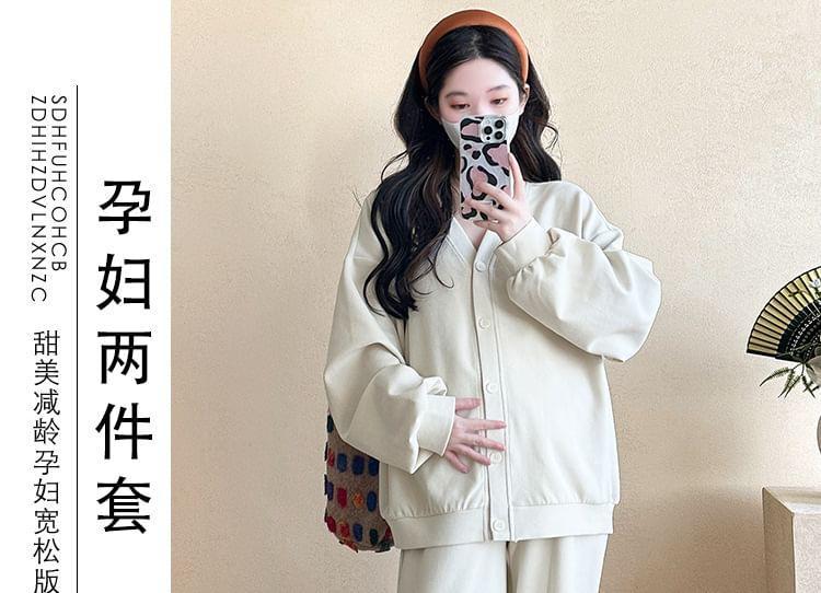 Maternity Set: V-Neck Button-Up Cardigan + High Waist Straight Leg Pants Product Image