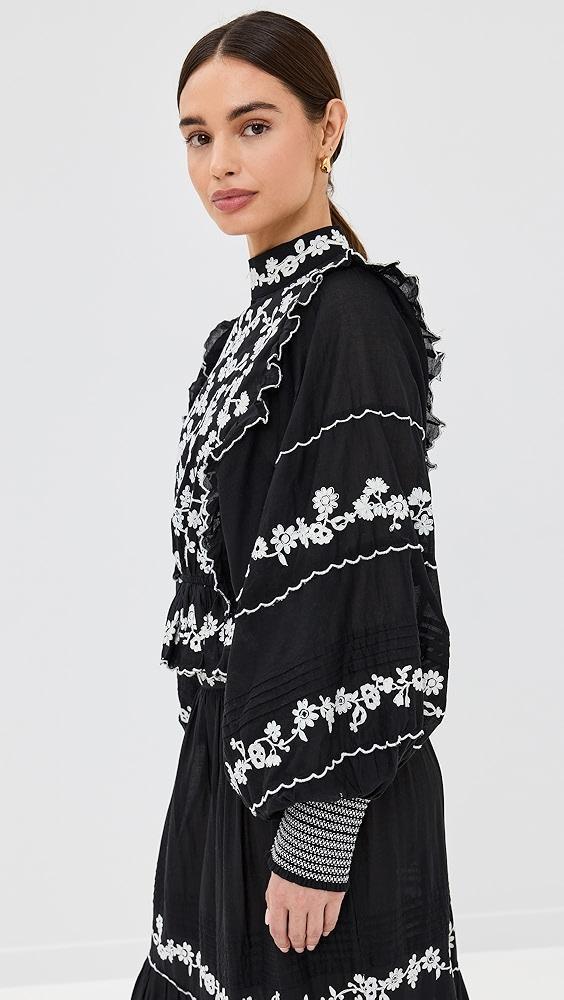 FARM Rio Black Embroidered Ruffle Longe Sleeve Blouse | Shopbop Product Image