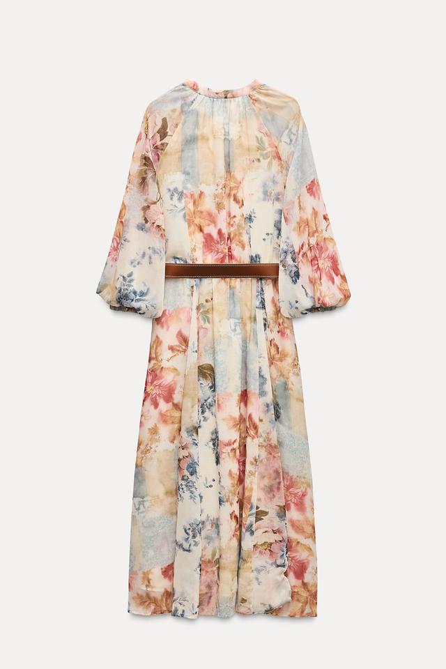 BELTED FLORAL PRINT MIDI DRESS Product Image