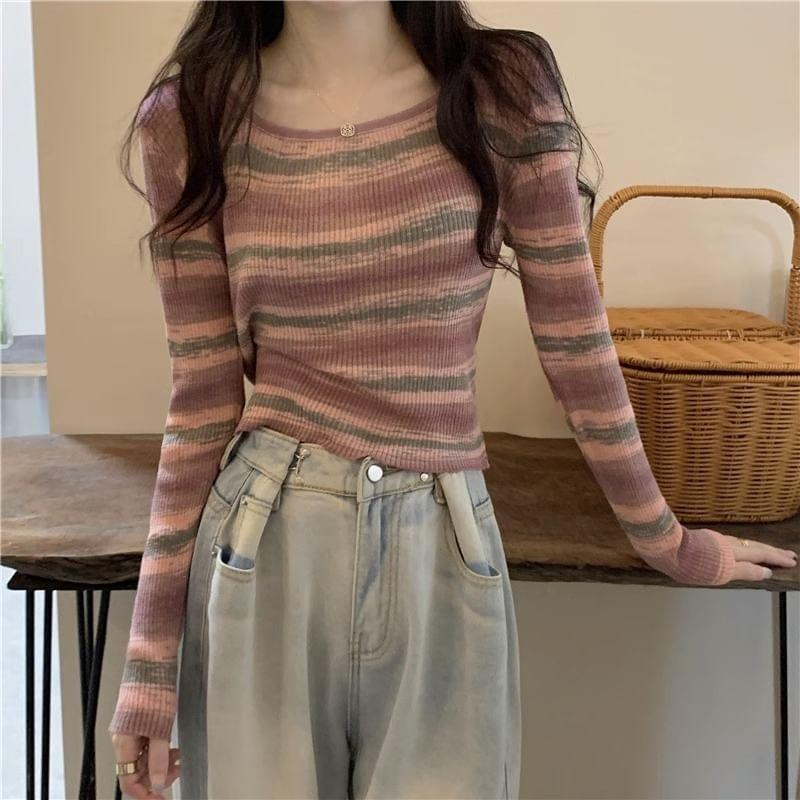 Long-Sleeve Square Neck Color Block Ribbed Knit Top Product Image