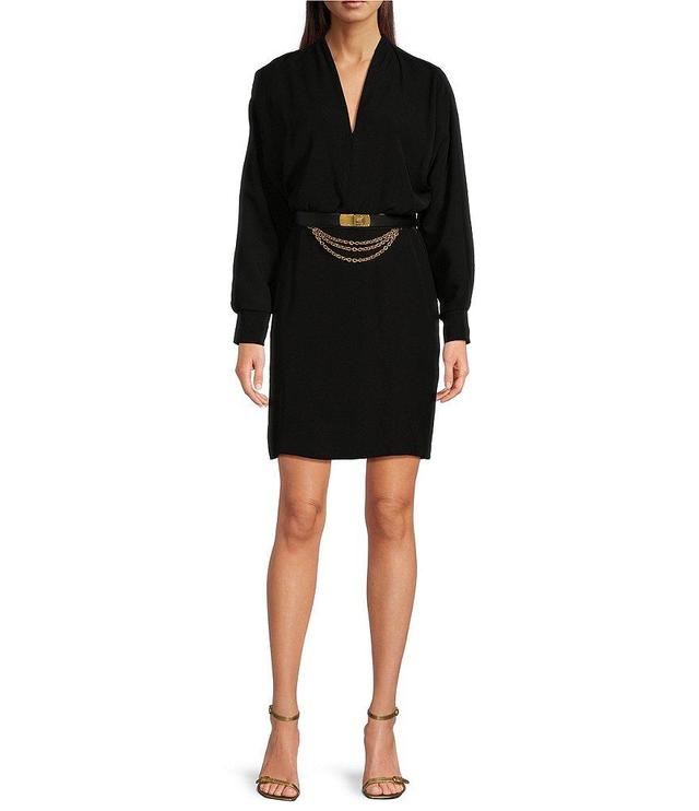 Donna Karan V-Neck Long Sleeve Belted Blouson Dress Product Image