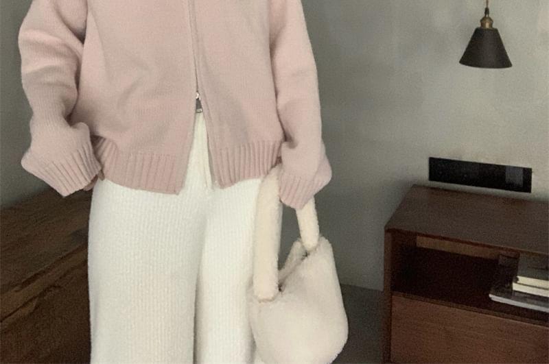 Fluffy Hooded Plain Zip Up Cardigan Product Image