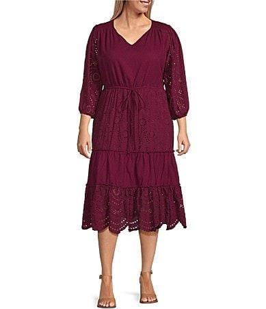 Nurture by Westbound Plus Size 34 Sleeve V-Neck Eyelet Detail Scalloped Hem Midi Dress Product Image