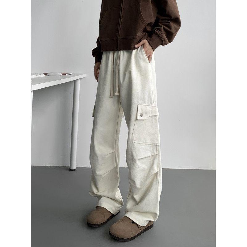 High Waist Plain Wide Leg Cargo Pants Product Image