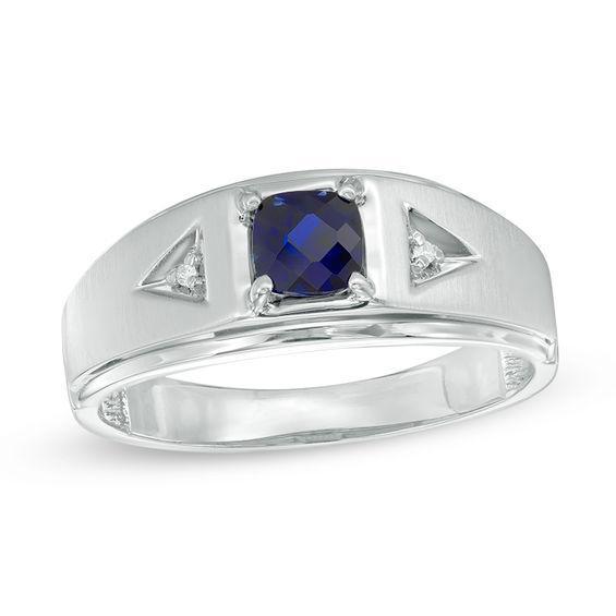 Men's 5.0mm Cushion-Cut Lab-Created Blue Sapphire and Diamond Accent Ring in 10K White Gold Product Image