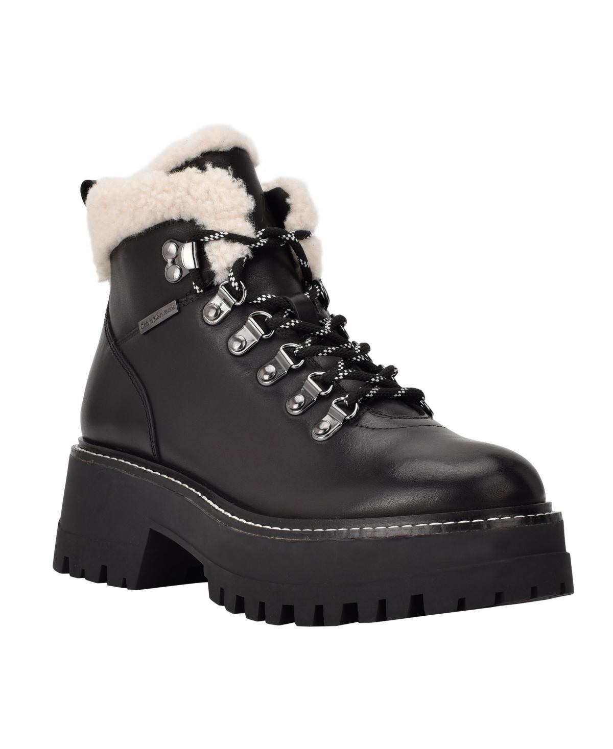 Calvin Klein Womens Kristel Lace-Up Hiker Fur Lug Sole Booties Womens Shoes Product Image