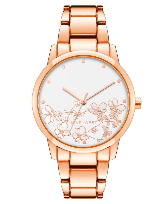 Nine West Womens Quartz Rose Gold-Tone Alloy Link Bracelet and Floral Pattern Watch, 35mm - Rose Gold-Tone Product Image