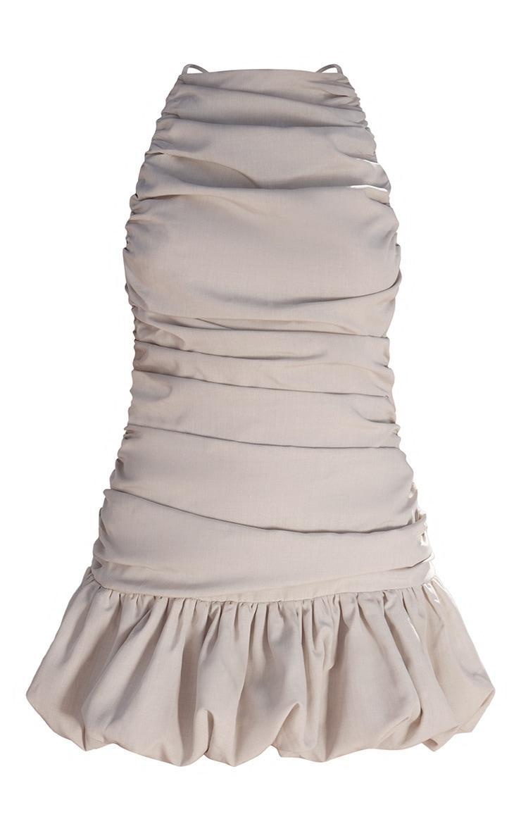 PLT Label Off White Ruched Puff Hem Strappy Bodycon Dress Product Image