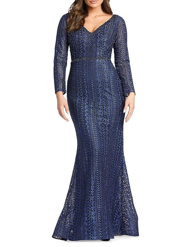 Womens Embroidered Beaded V-Neck Gown Product Image