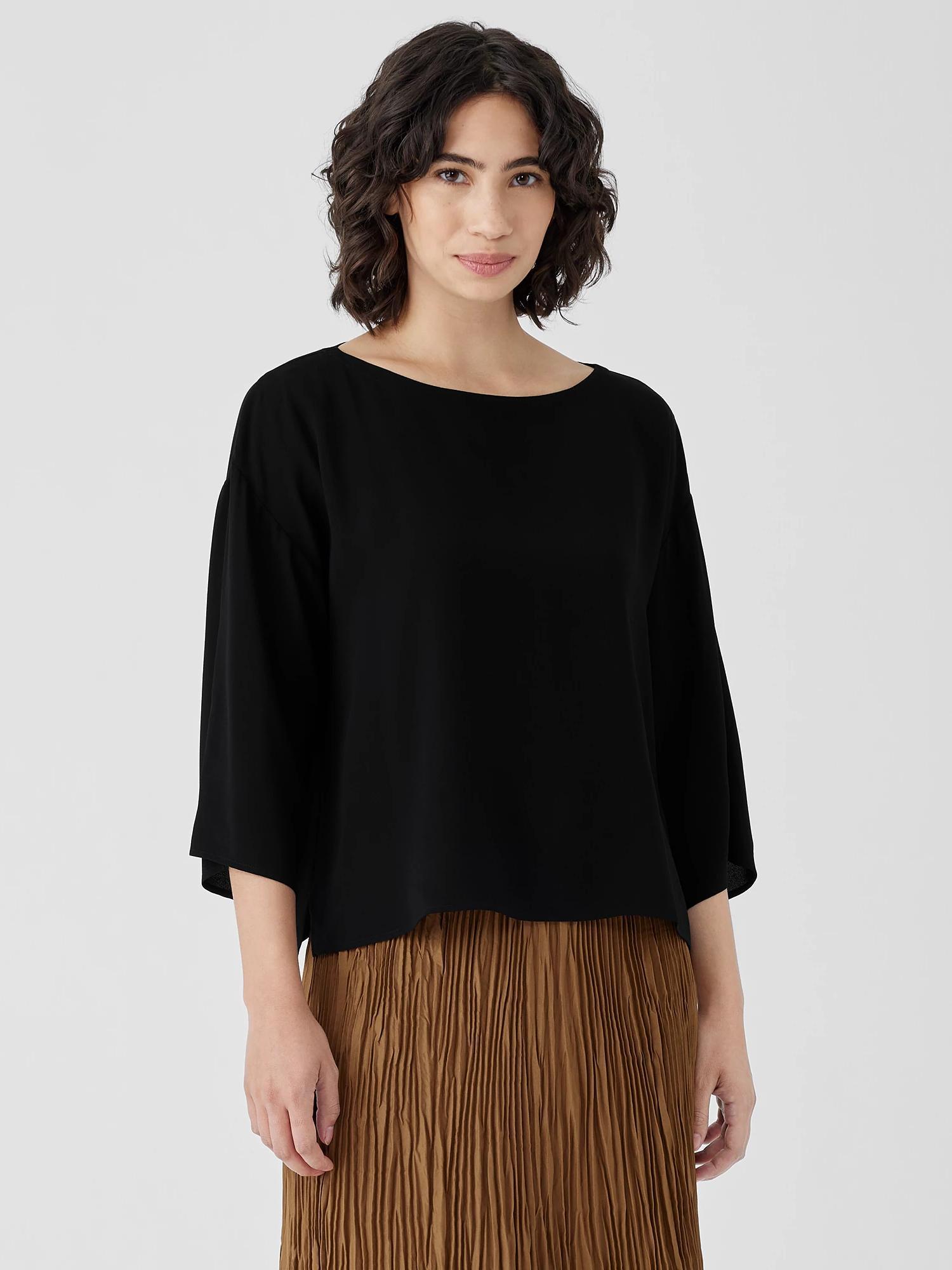 EILEEN FISHER Silk Georgette Crepe Bateau Neck Box-Topfemale Product Image