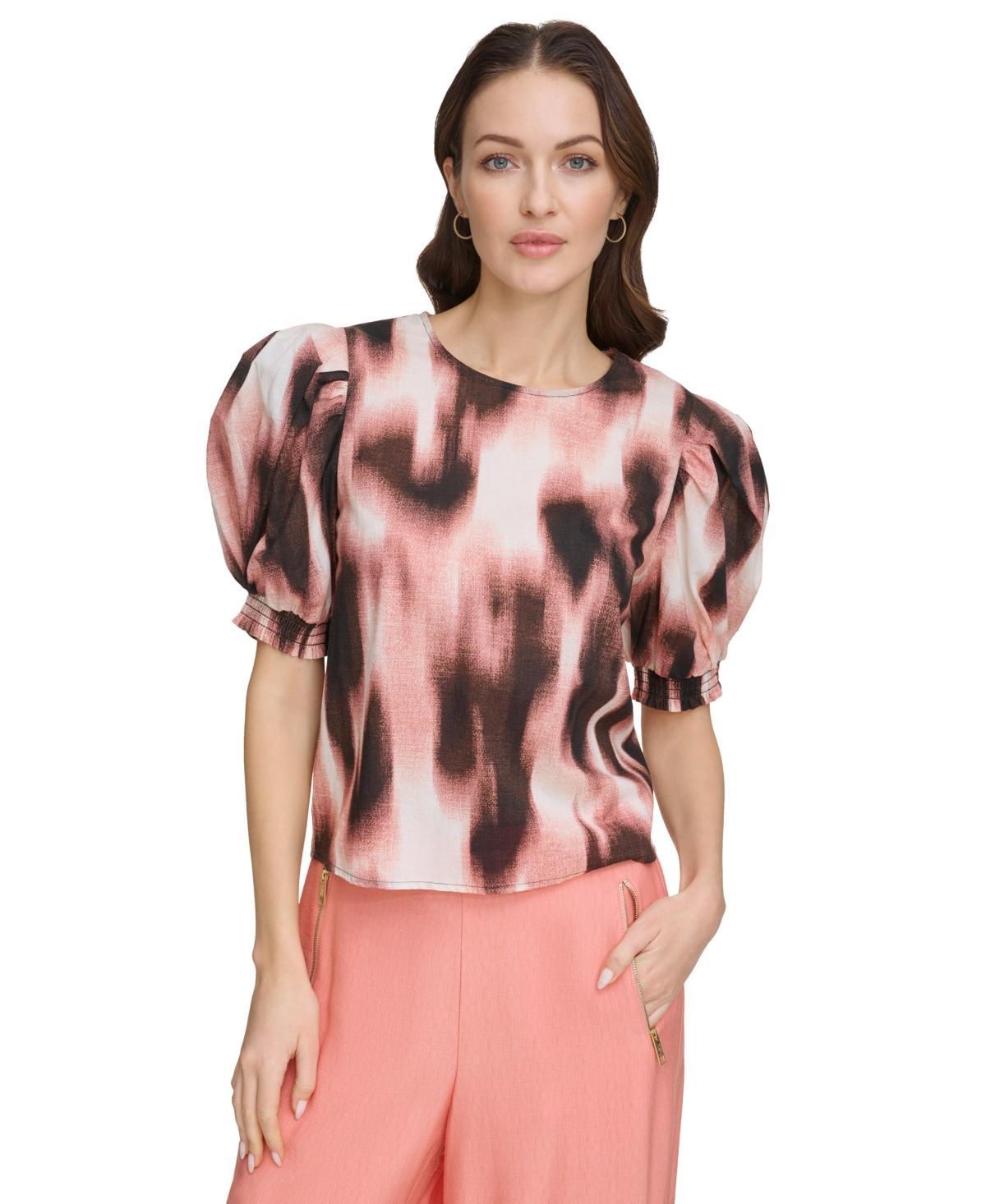 Dkny Womens Voile Printed Puff-Shoulder Woven Crewneck Top Product Image