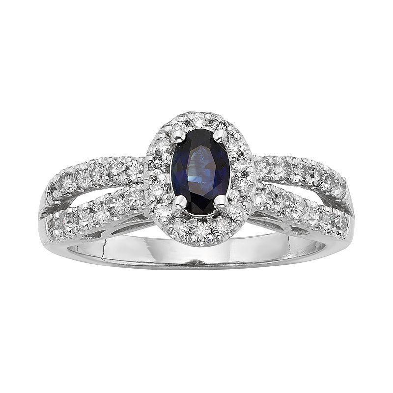 The Regal Collection Sapphire & 1/2 Carat T.W. IGL Certified Diamond 14k White Gold Tiered Oval Halo Ring, Womens Blue Product Image