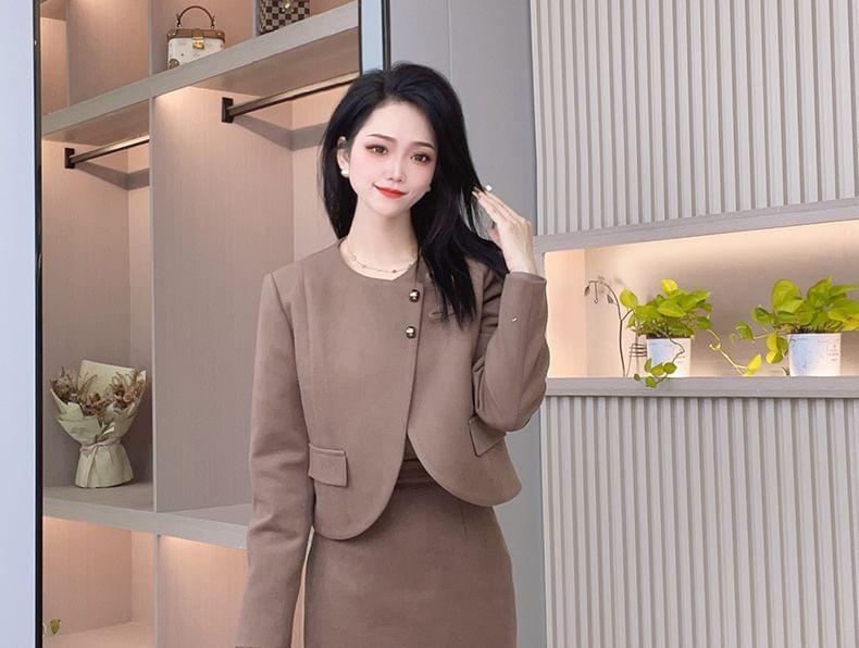 Set: Round Neck Plain Asymmetrical Button Jacket + High Waist Midi Pencil Skirt Product Image