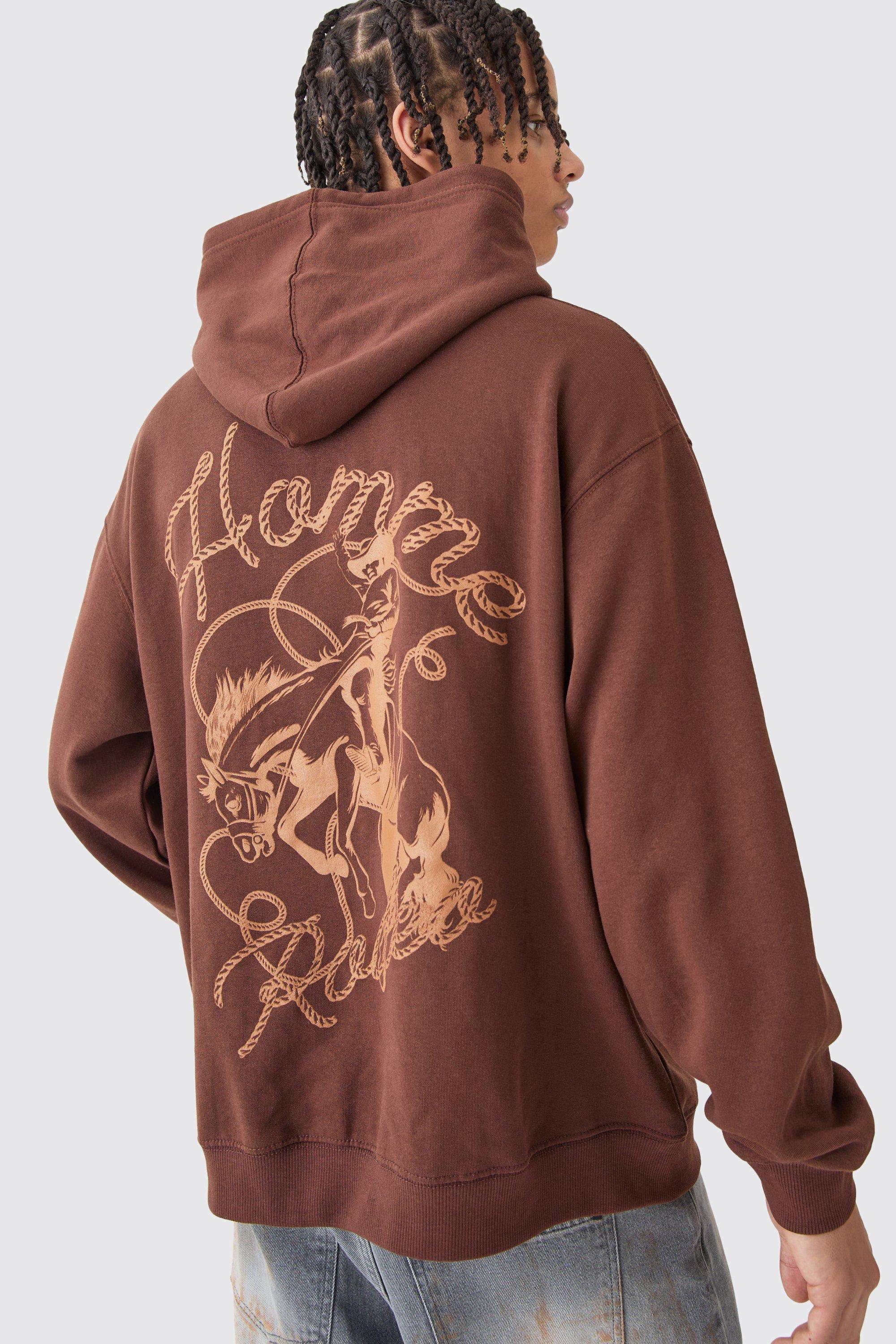 Mens Brown Oversized Rodeo Graphic Hoodie, Brown Product Image