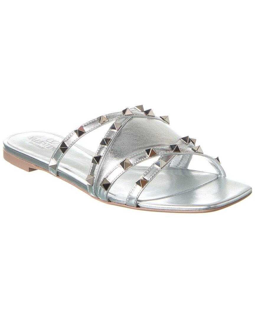 Valentino Rockstud Leather Sandal In Silver Product Image