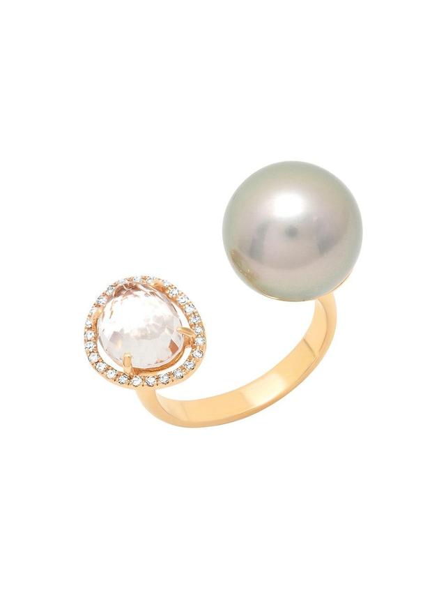 Womens 18K Rose Gold, 11MM Pearl, Topaz & Diamond Halo Open Ring Product Image