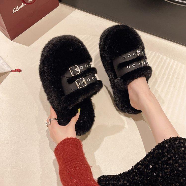 Buckled Fluffy Platform Mules Product Image