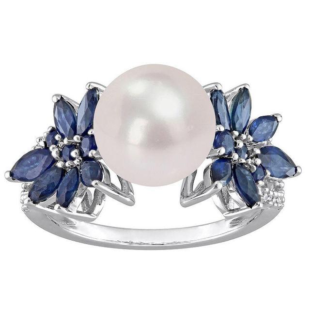 Stella Grace 14k White Gold Freshwater Cultured Pearl, Sapphire & 1/8 Carat T.W. Diamond Flower Ring, Womens Multicolor Product Image