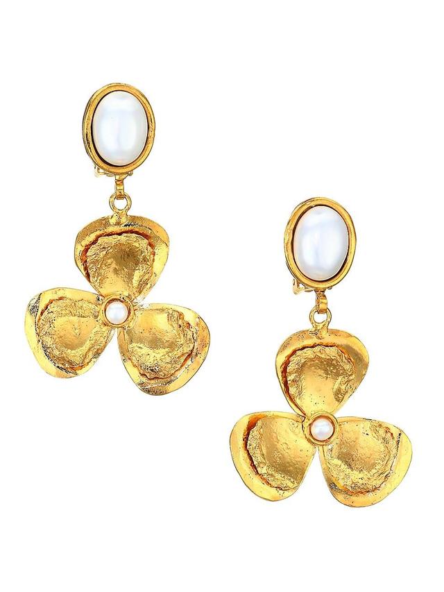 Womens Lucky Flower 22K Goldplated & Pearl Drop Clip-On Earrings Product Image