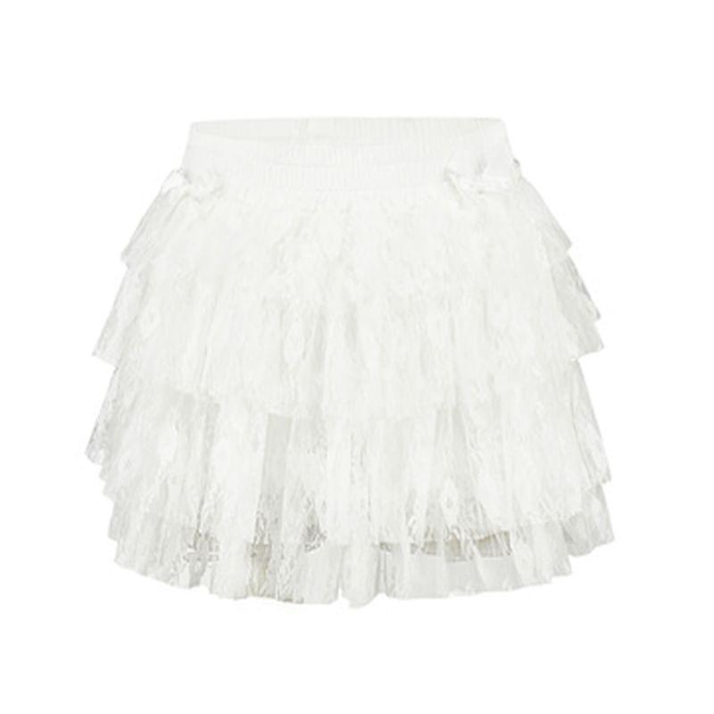 High Waist Plain Tiered Lace Mini A-Line Skirt Product Image