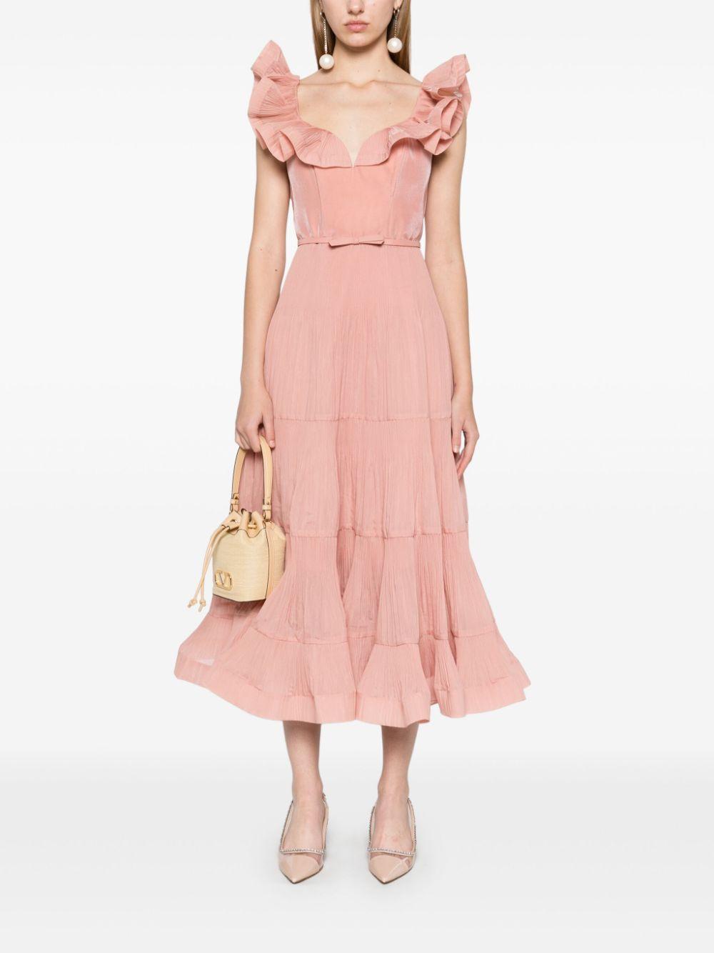 ZIMMERMANN Ruffled Pleated Midi Dress In Pink Product Image