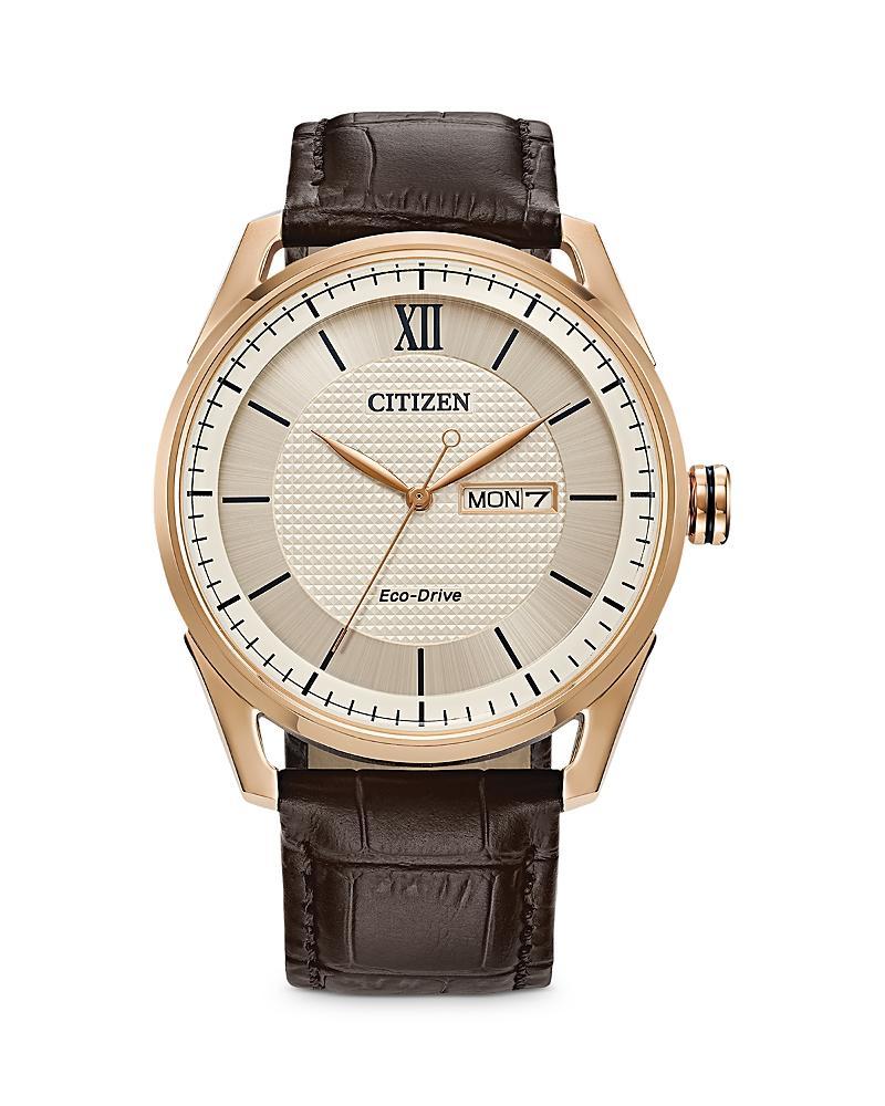 Men's Citizen Eco-DriveÂ® Classic Rose-Tone Leather Strap Watch with Ivory Dial (Model: Aw0082-01A) Product Image