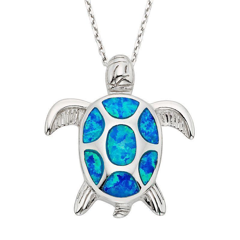 Lab-Created Blue Opal Sterling Silver Turtle Pendant Necklace, Womens Product Image